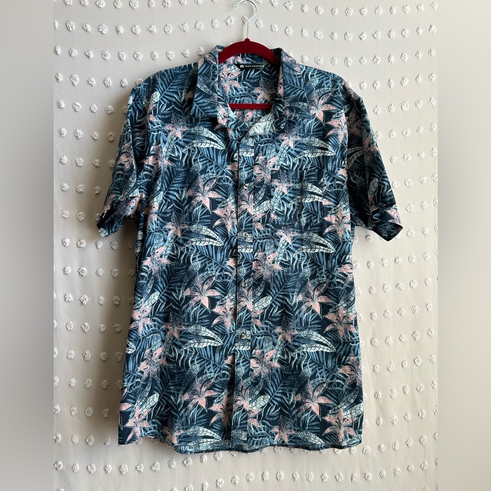 Travis Mathew Cotton Blend Floral Tropical Button Up Short Sleeve Sz XL‎ Navy
